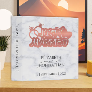 Just Married White Marble Rose Gold Wedding Album 3 Ring Binder