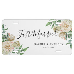 Just Married White Rose Floral Wedding Script Chic License Plate