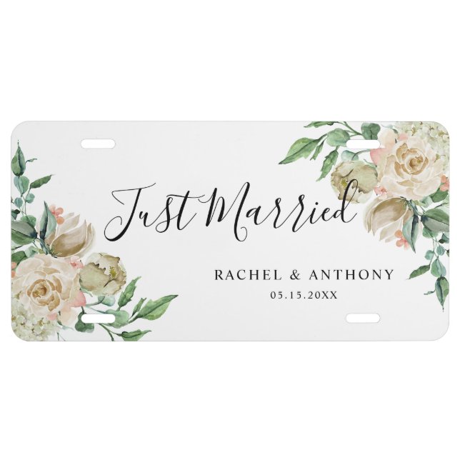 Just Married White Rose Floral Wedding Script Chic License Plate (Front)