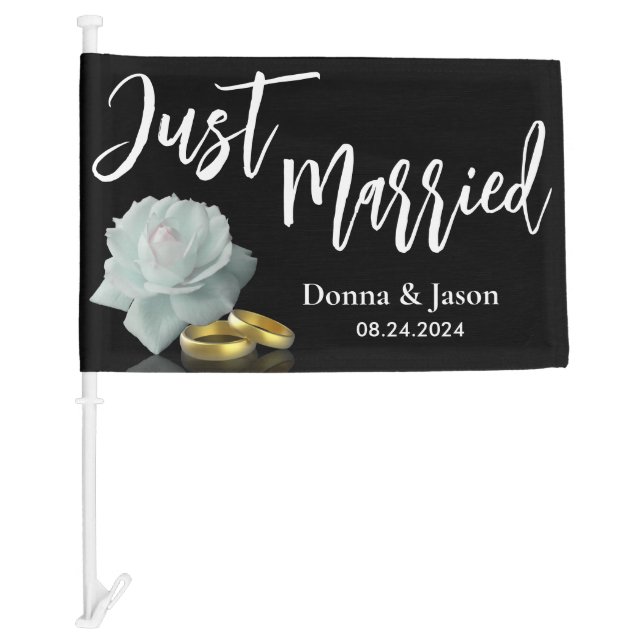 Just Married White Rose Golden Rings Name Date Car Flag (Front)