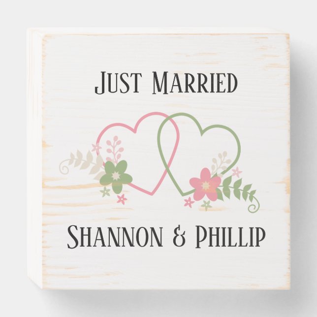 Just Married with Bride & Groom Names    Wooden Box Sign (Front Horizontal)