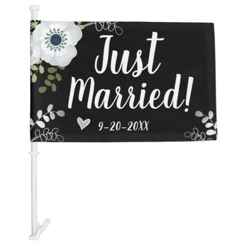 Just Married with Custom Date Floral Black Car Flag