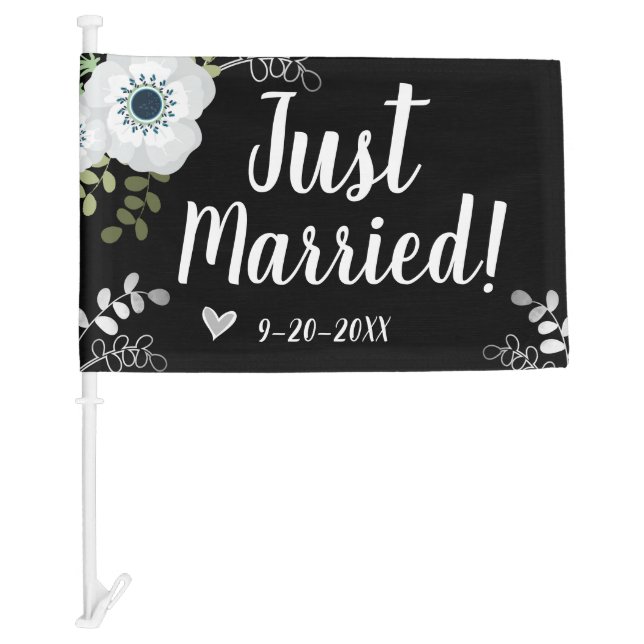 Just Married with Custom Date Floral Black Car Flag (Front)