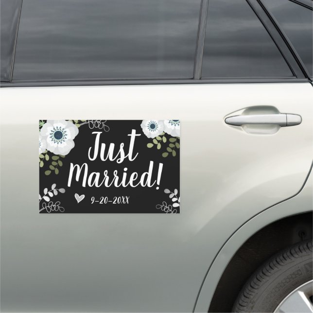Just Married with Custom Date Floral Black Car Magnet (In Situ)