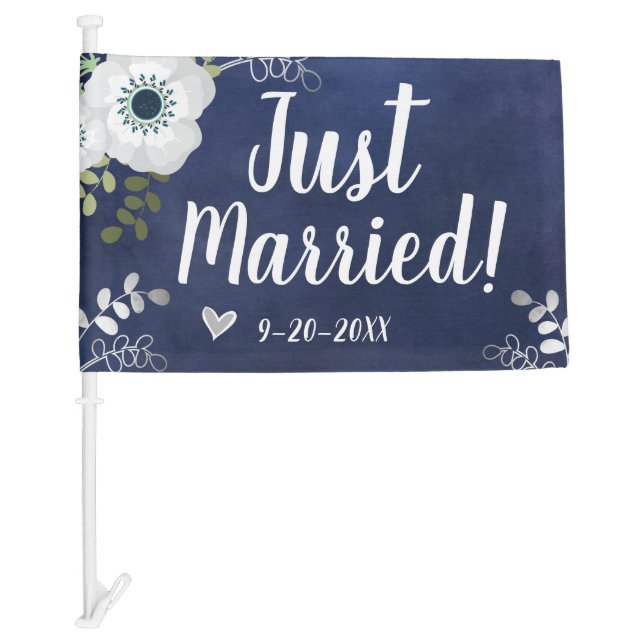 Just Married with Custom Date Floral Blue Car Flag (Front)