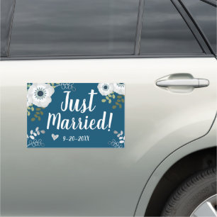 Just Married with Custom Date Floral Blue Car Magnet