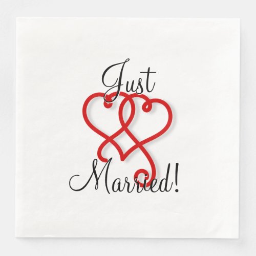 Just Married with Linked Swirly Hearts Paper Dinner Napkins