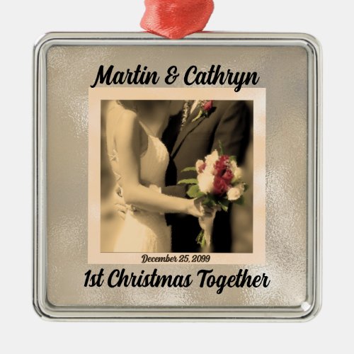 Just Married with Name and Year 1st Christmas Metal Ornament