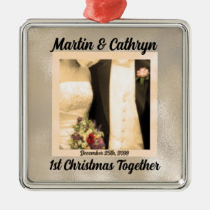 Just Married with Name and Year 1st Christmas Metal Ornament