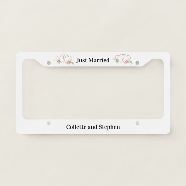 Just Married with Two Hearts Personalized Couple License Plate Frame (Front)