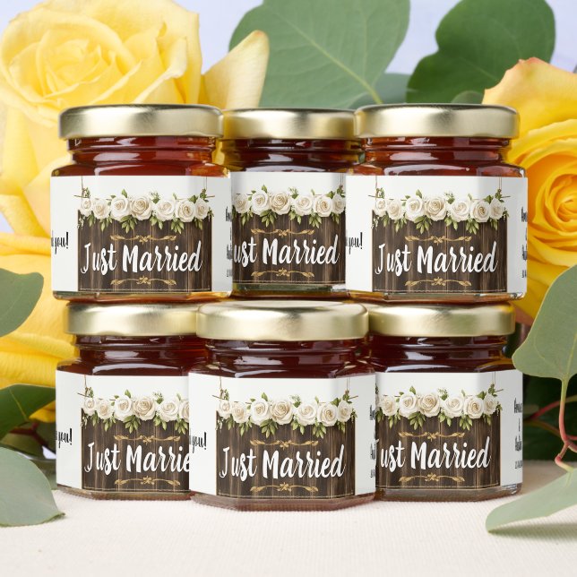 Just Married Wood Sign Thank You Wedding Honey Jar Favors (Insitu)