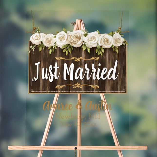 Just Married Wood Sign White Roses (Neutral)