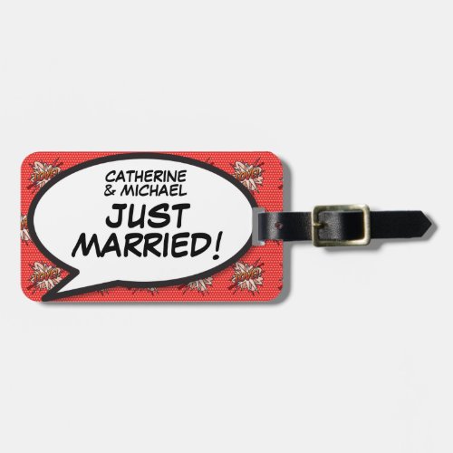 JUST MARRIED Your Message Speech Bubble Fun Retro Luggage Tag