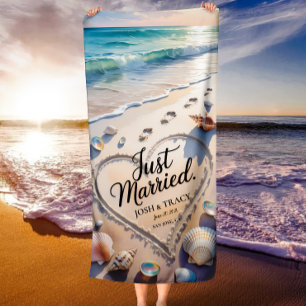 Just MarriedFootprints in Sand Romantic Honeymoon  Beach Towel