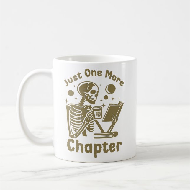 Just One More Chapter, Bookish Skeleton Reading Coffee Mug (Left)