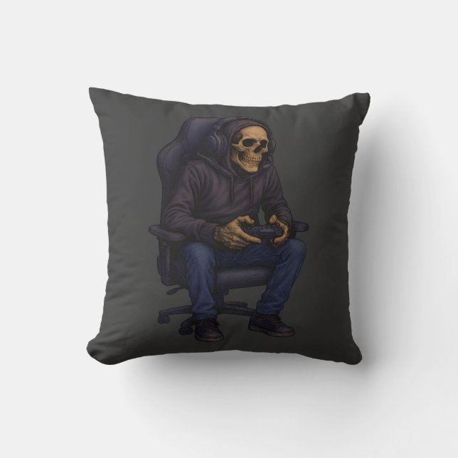 Just One More Gamer Skeleton | Gaming Dark Humor Throw Pillow (Front)