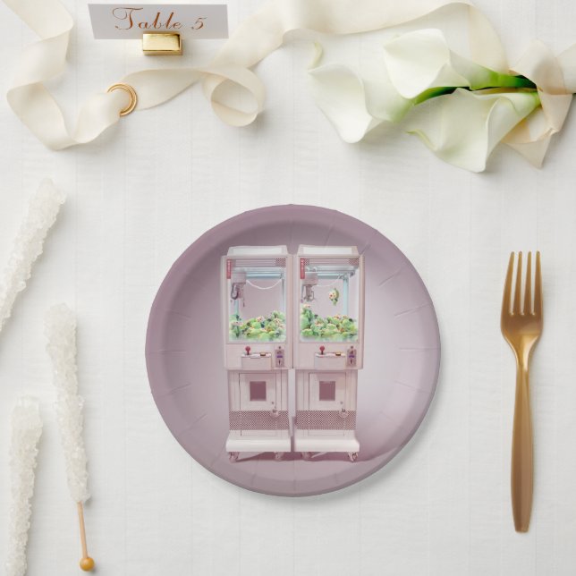 Just One More Try: Kawaii Pink Claw Machine Art Paper Plates (Wedding)