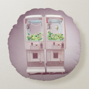 Just One More Try: Kawaii Pink Claw Machine Art Round Pillow