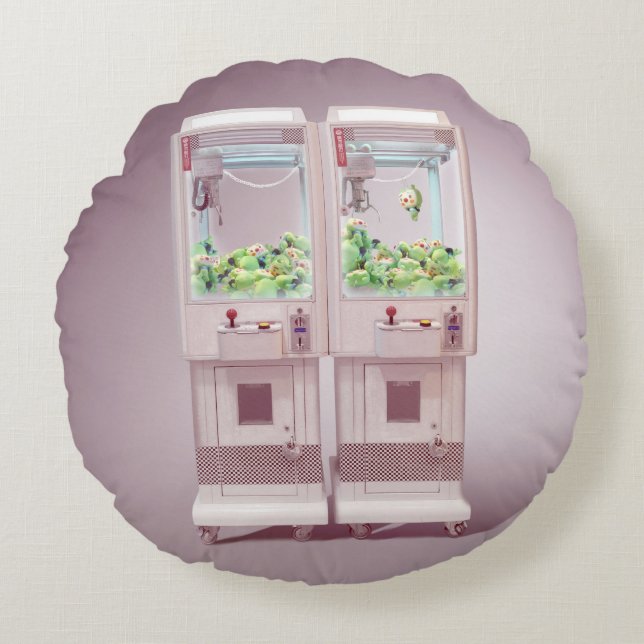 Just One More Try: Kawaii Pink Claw Machine Art Round Pillow (Front)