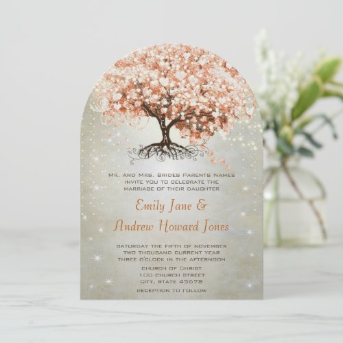 Light Coral Heart Leaf Tree Wedding Invites