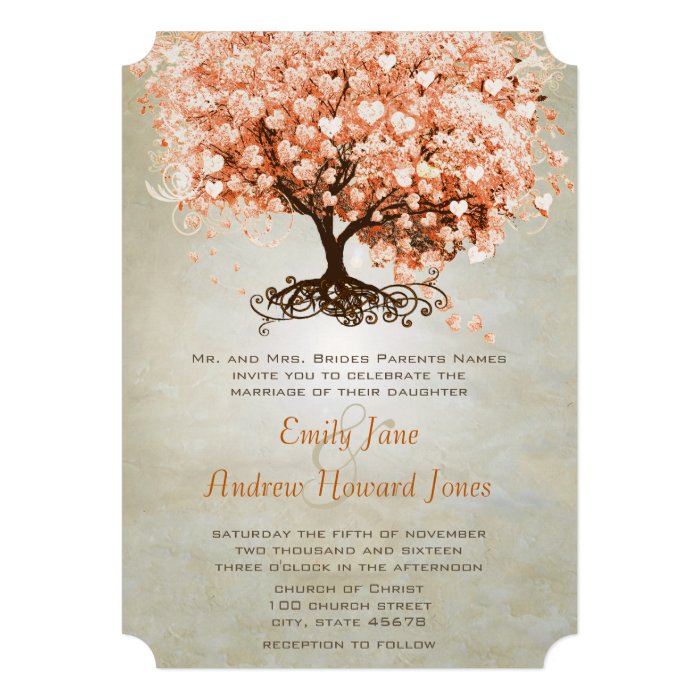 Just Peachy Coral Heart Leaf Tree Wedding Invites
