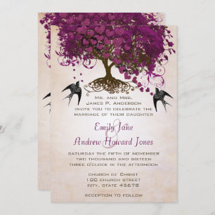 Just Peachy Sangria Heart Leaf Tree Wedding Invite