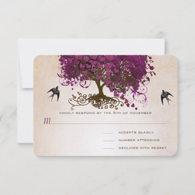 Just Peachy Sangria Heart Leaf Tree Wedding RSVP Card (Front)