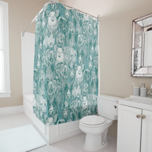 just pigs viridian turquoise shower curtain (In Situ)