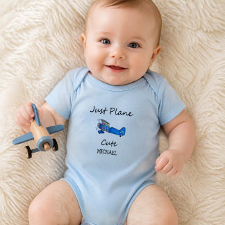 Just Plane Cute Blue Airplane and Clouds Aviation Baby Bodysuit