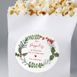 Just Popped by to Wish You Merry Christmas Holiday Classic Round Sticker<br><div class="desc">A beautiful watercolor greenery and red berry wreath frames your message on this standout holiday sticker. The label tag has elegant typography,  and there is room to personalize.</div>