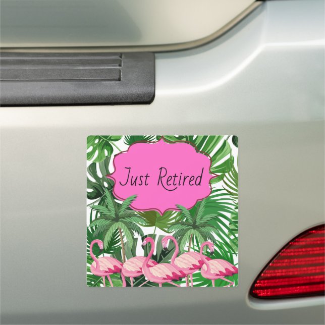 Just Retired Pink Flamingo Flock Palm Trees Car Magnet (In Situ)