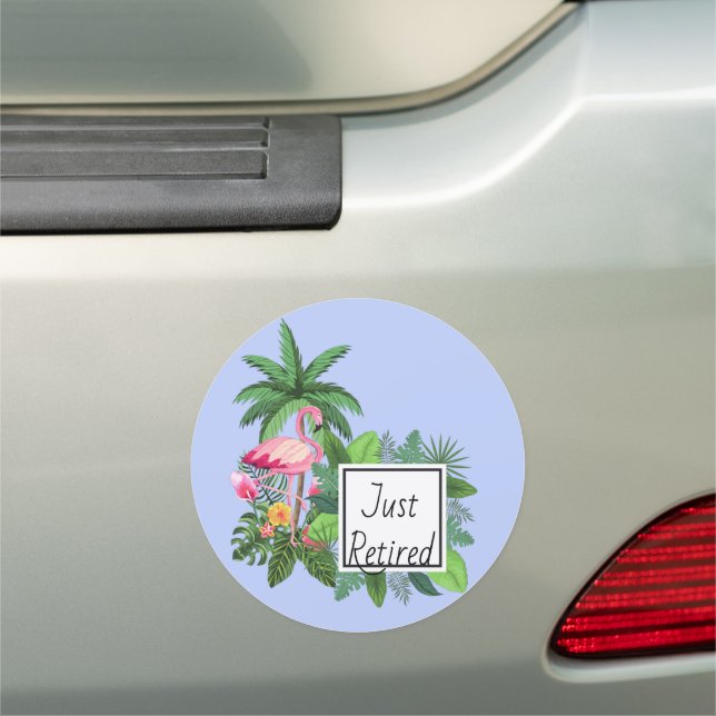 Just Retired Pink Flamingo Tropical Beach Oasis Car Magnet (In Situ)