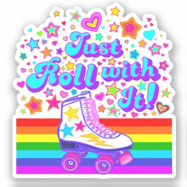 Just Roll With It 70s Rainbow Roller Skate Sticker (Front)