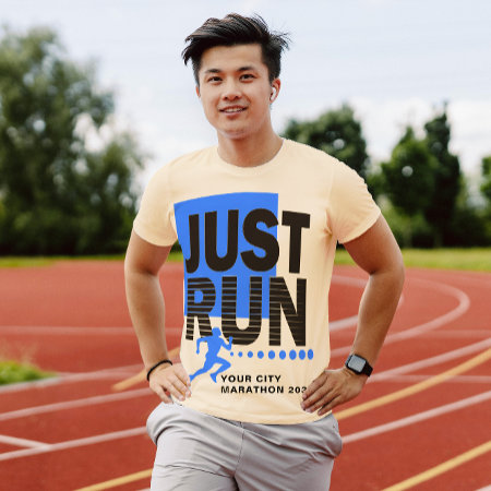 Just Run Marathon Runner Track Race Date Blue Lt T-shirt