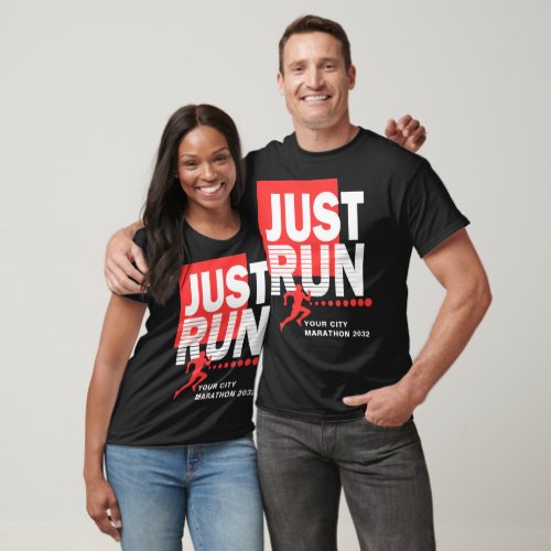 Just Run Marathon Runner Track Race Date Red Dark T_Shirt