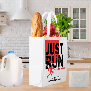 Just Run Red Marathon Runner Track Race Date Grocery Bag