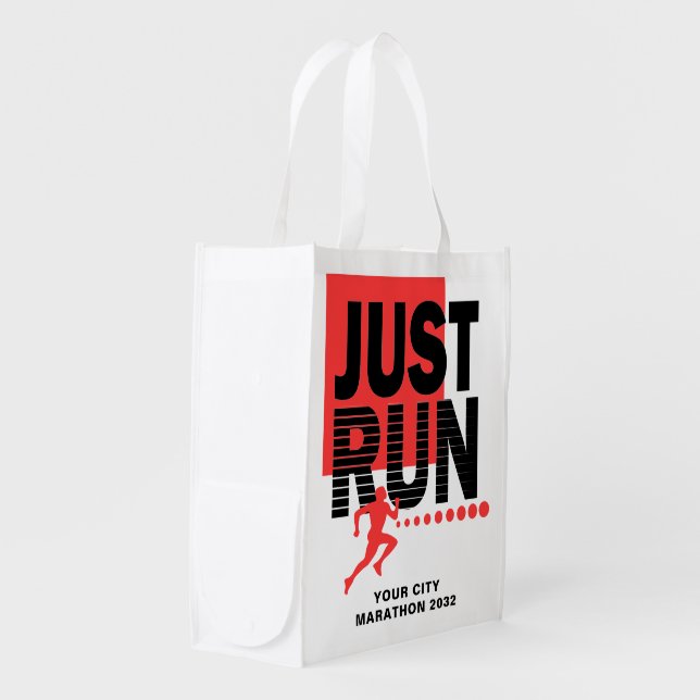 Just Run Red Marathon Runner Track Race Date Grocery Bag (Front Side)