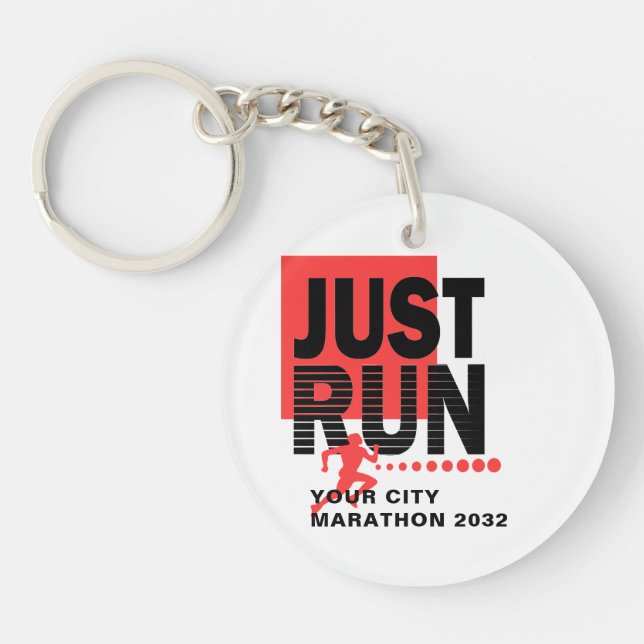 Just Run Red Marathon Runner Track Race Date Keychain (Front)
