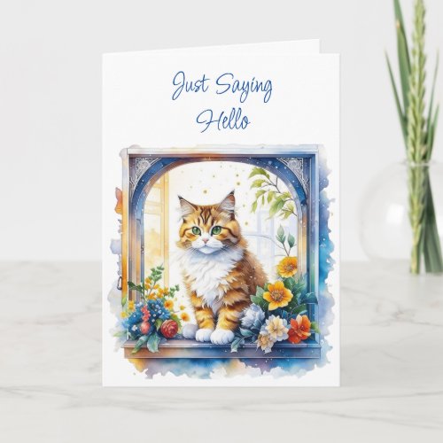 Just Saying Hello  Cat in Window with Flowers Card