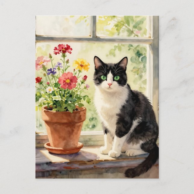 Just Saying Hi | Cat and Flower Themed Postcard (Front)