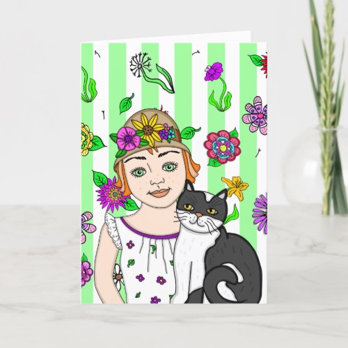 Just Thinking About You  Folk Art Girl and Cat Card