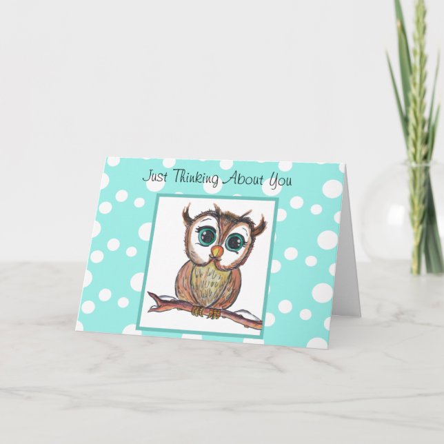 Just Thinking About You, Watercolor Owl Miss You Card (Front)
