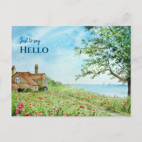Just to Say Hello Poppy Field Landscape Watercolor Postcard