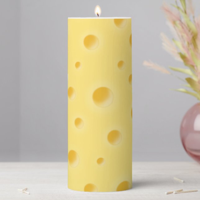 Just Too Cheesy Holey Swiss Cheese Yellow Pillar Candle (In Situ)