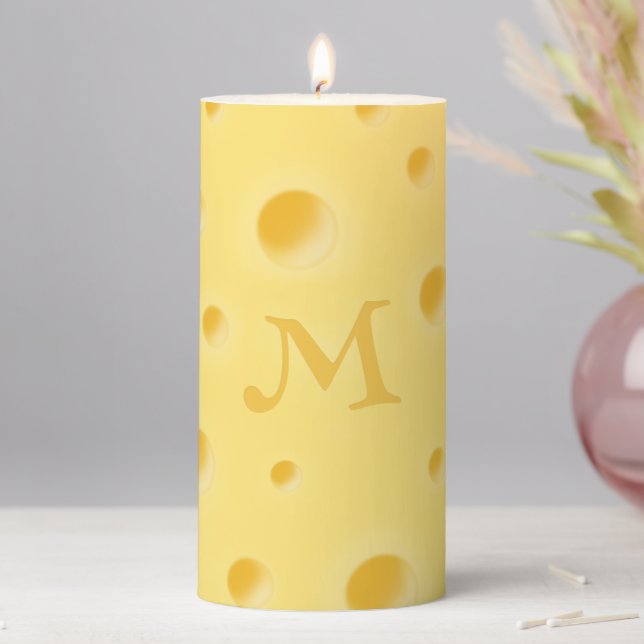 Just Too Cheesy! Swiss Cheese Monogrammed Medium Pillar Candle (In Situ)
