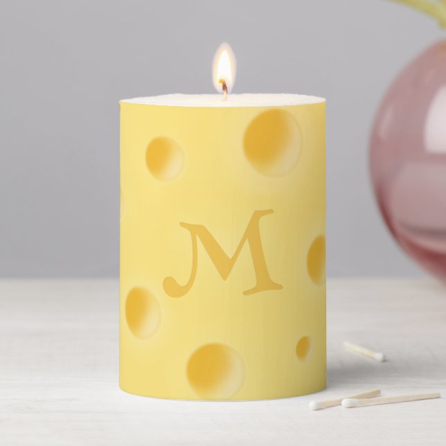 Just Too Cheesy! Swiss Cheese Monogrammed Small Pillar Candle (In Situ)
