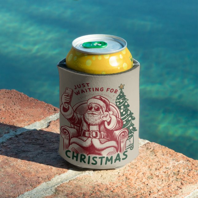 Just Waiting For Christmas Santa Claus Retro Funny Can Cooler (In Situ Pool)