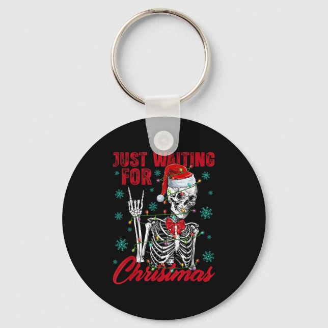 Just Waiting For Christmas Skeleton Rock Hand Sign Keychain (Front)