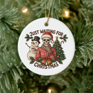 Just Waiting For Christmas Skeleton Snowman Latte Ceramic Ornament
