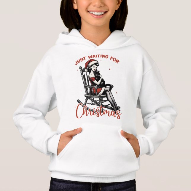 Just Waiting for Christmas with Retro Girl & Cat H Hoodie (Front)
